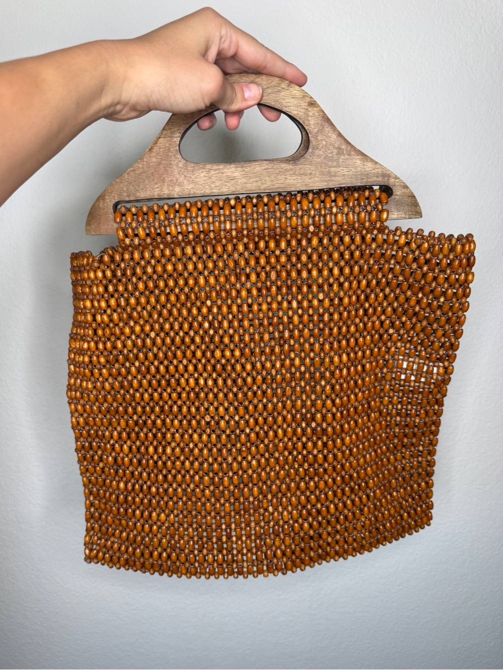 Anthropologie Beaded Wood Handle Tote Brown Lightweight Bag OS - Picture 3 of 8